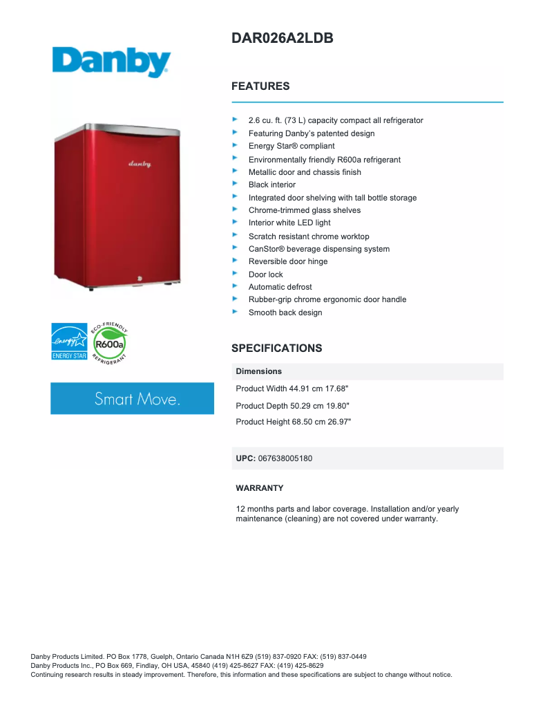 Página 1 del manual Ficha técnica Danby DAR026A2