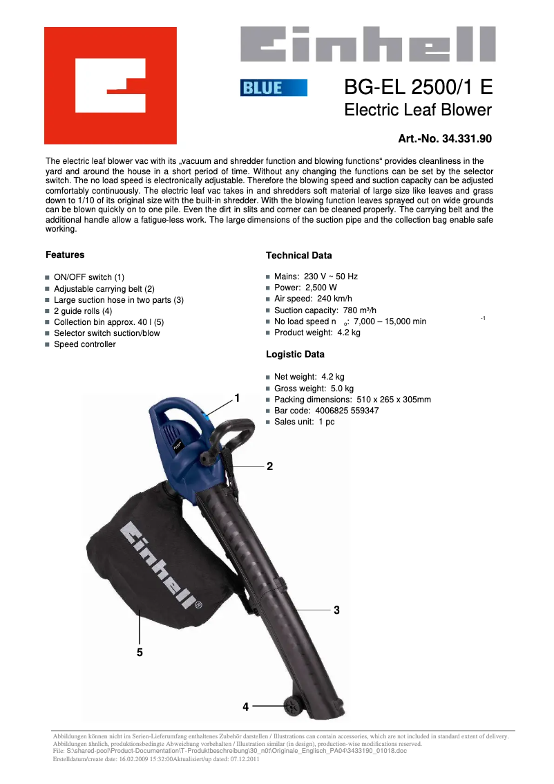 Image de la première page du manuel de l'appareil BG-EL 2500/1E