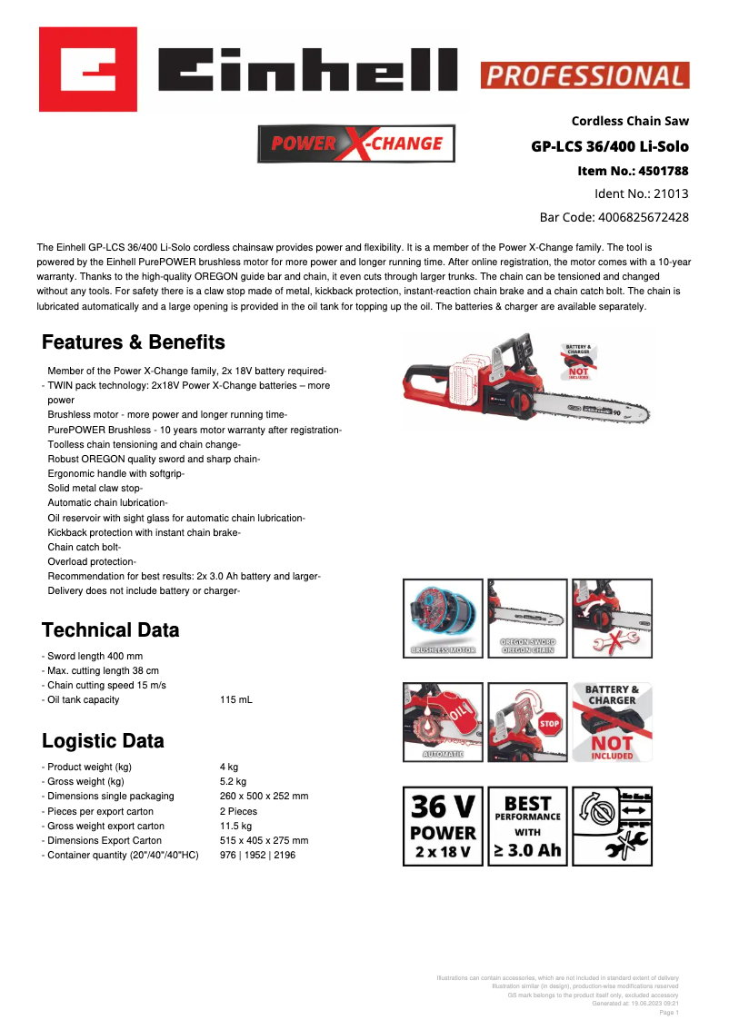 Page 1 de la notice Fiche technique Einhell GP-LCS 36/400 Li