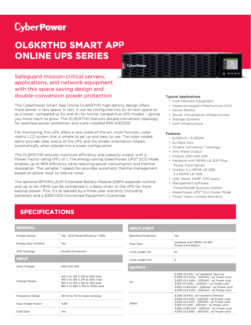 Page 1 de la notice Fiche technique CyberPower Smart App Online OL6KRTHD