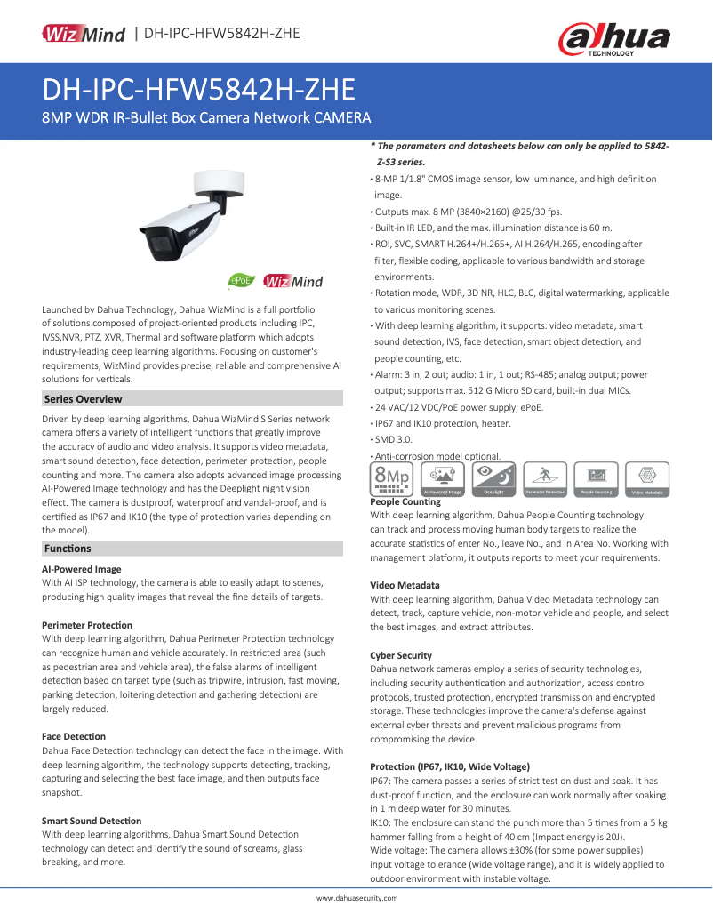 Page 1 de la notice Fiche technique Dahua Technology IPC-HFW5842H-ZHE