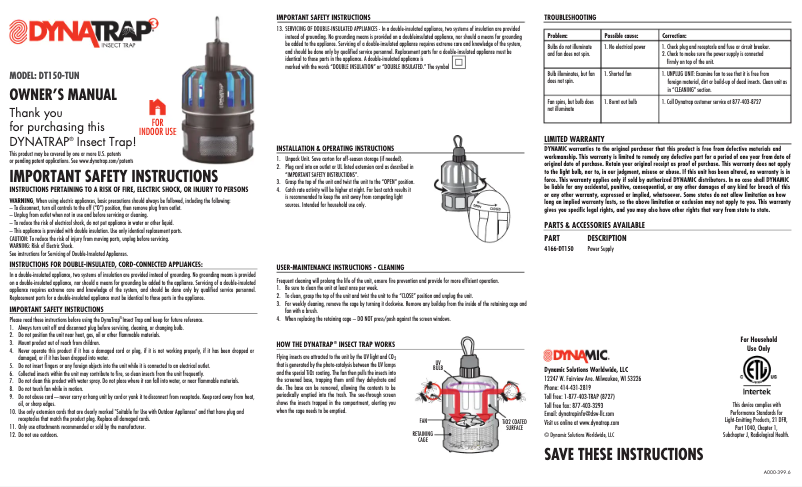 Page 1 de la notice Manuel utilisateur Dynatrap DT150-TUN