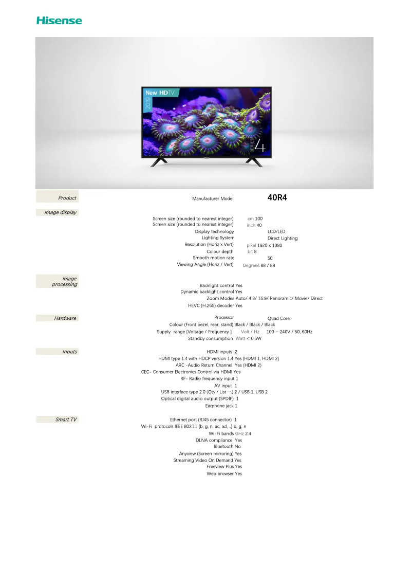 Page 1 de la notice Fiche technique Hisense 40R4