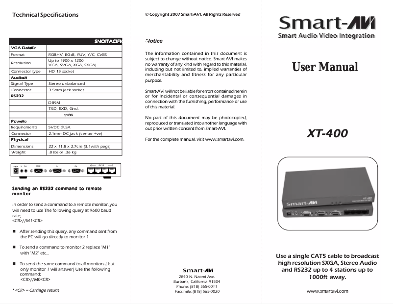 Page 1 de la notice Manuel utilisateur Smart-AVI XT-TX800S