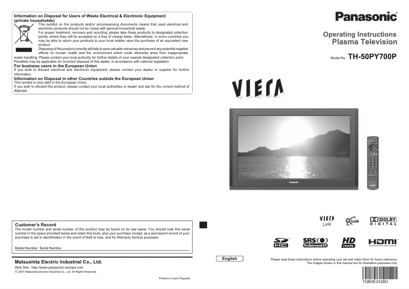 Page 1 de la notice Manuel utilisateur Panasonic Viera TH-50PY700P