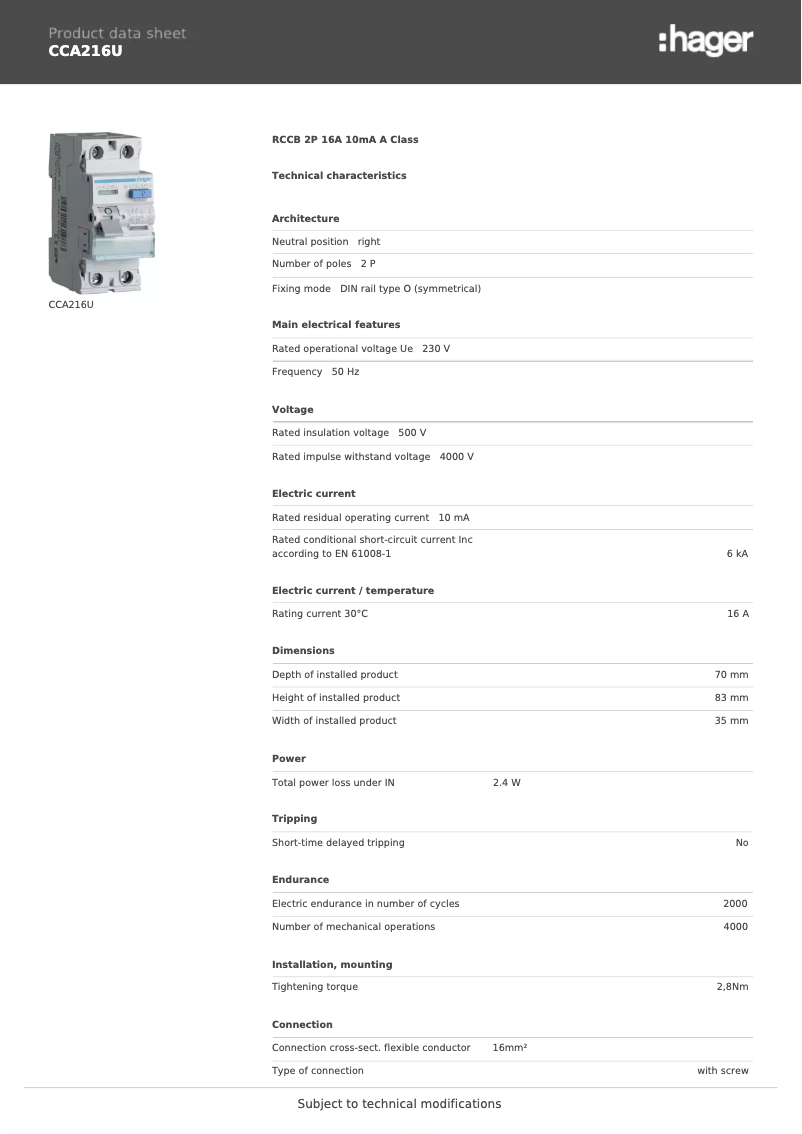 Page 1 de la notice Fiche technique Hager CCA216U