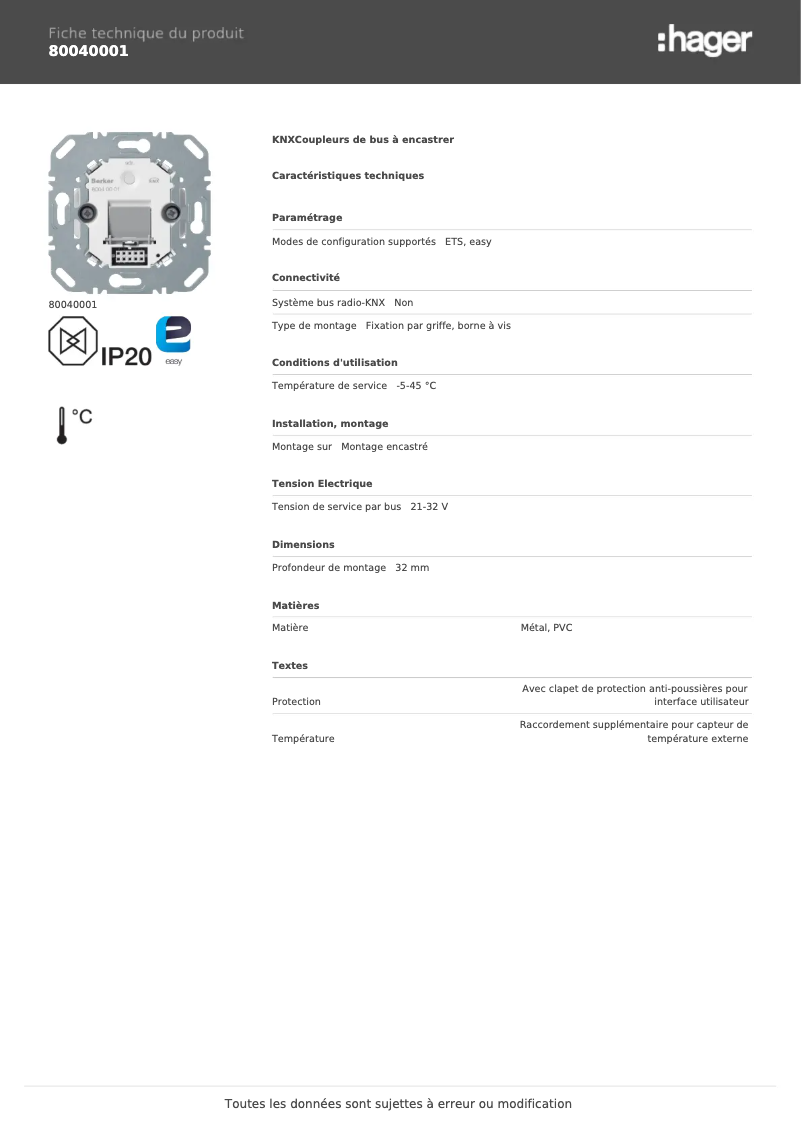 Page n°1 - Fiche technique Hager 80040001