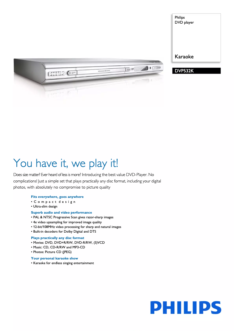 Page 1 de la notice Fiche technique Philips DVP532K