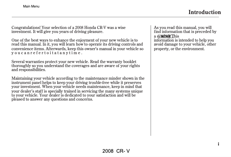 Page 1 de la notice Manuel utilisateur Honda CR-V (2008)