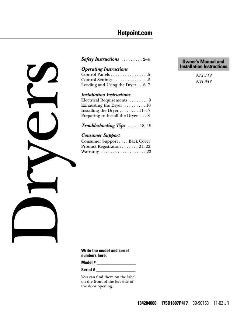 Page 1 de la notice Manuel d'utilisation et d'entretien Hotpoint NLLR113EVWO
