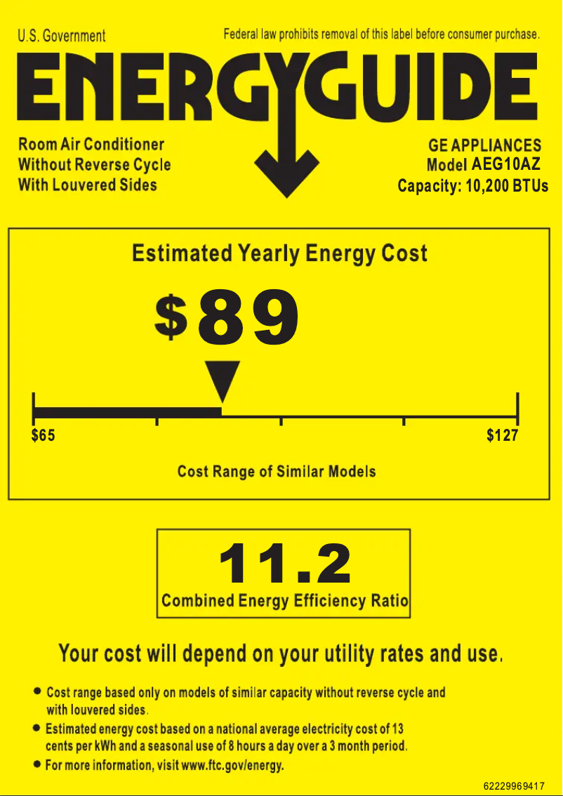 Page 1 de la notice Label énergétique GE AEG10AZ