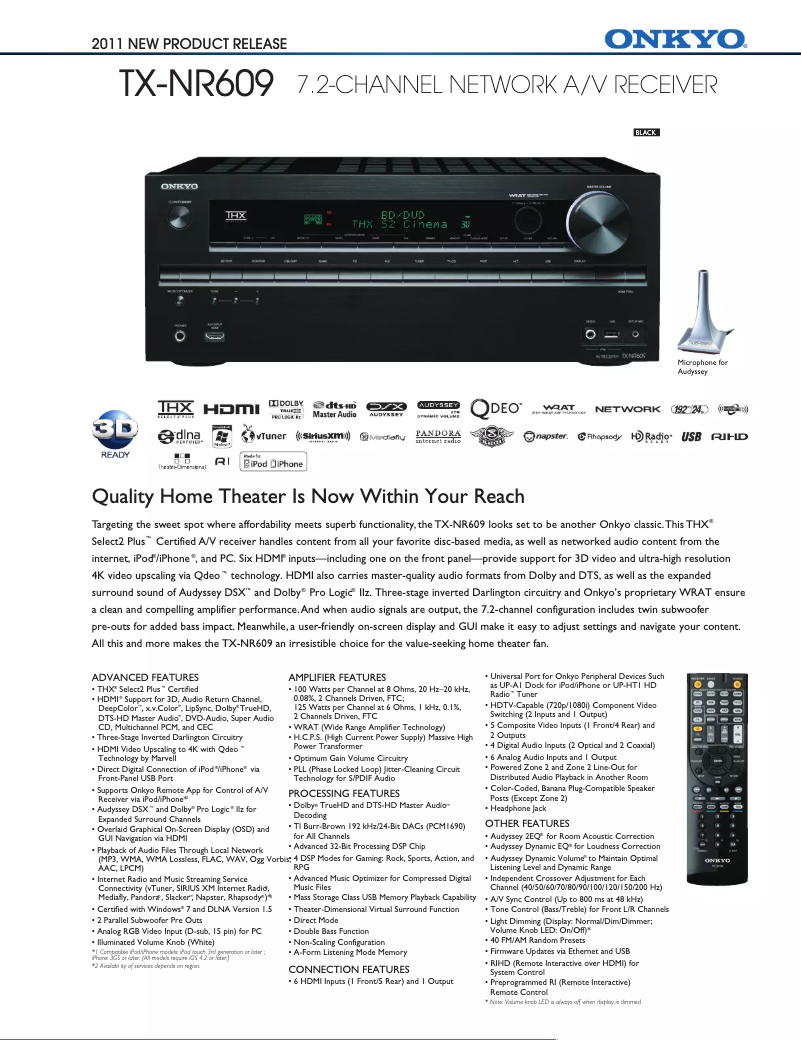 Page 1 de la notice Fiche technique Onkyo TX-NR809