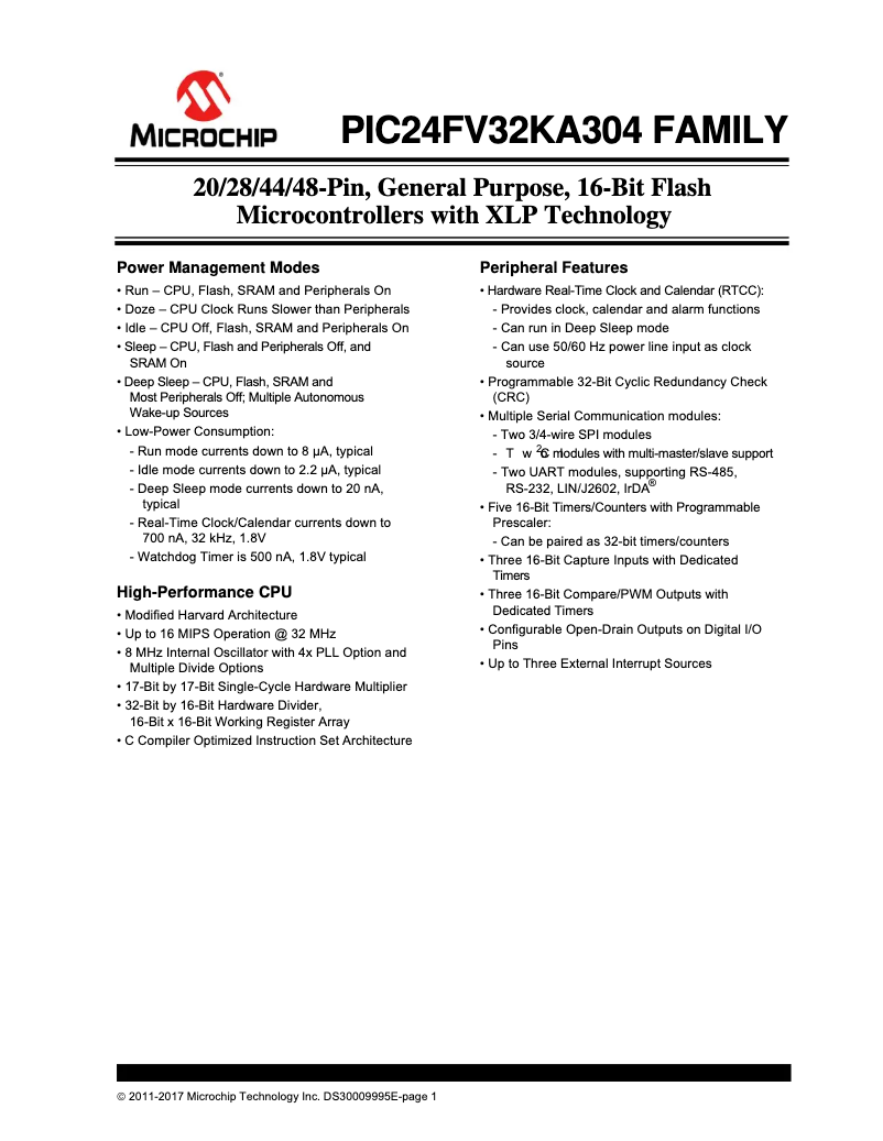 Page 1 de la notice Fiche technique Microchip PIC24F16KA301
