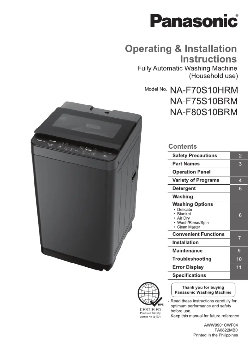 Page n°1 - Manuel utilisateur Panasonic NA-F75S10BRM