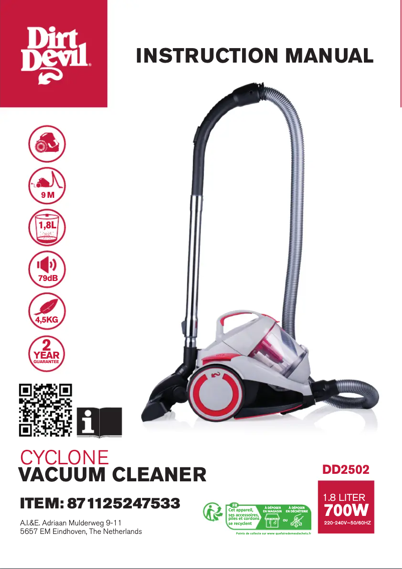 Page 1 de la notice Manuel utilisateur Dirt Devil DD2502