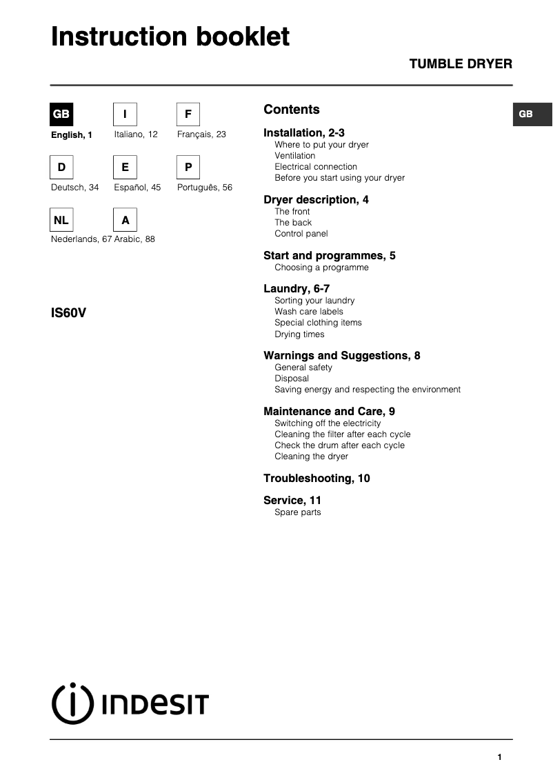 Page n°1 - Manuel utilisateur Indesit IS 60 V (EX) PAI