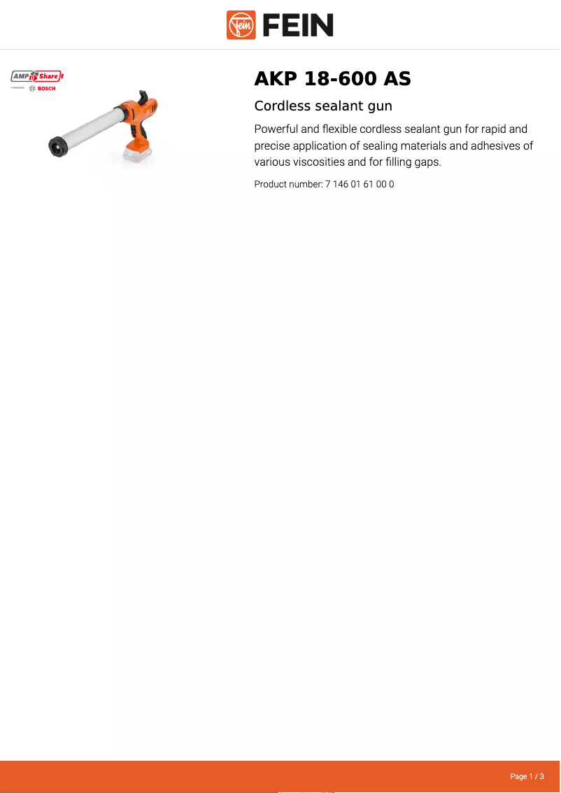 Page 1 de la notice Fiche technique Fein AKP 18-600 AS