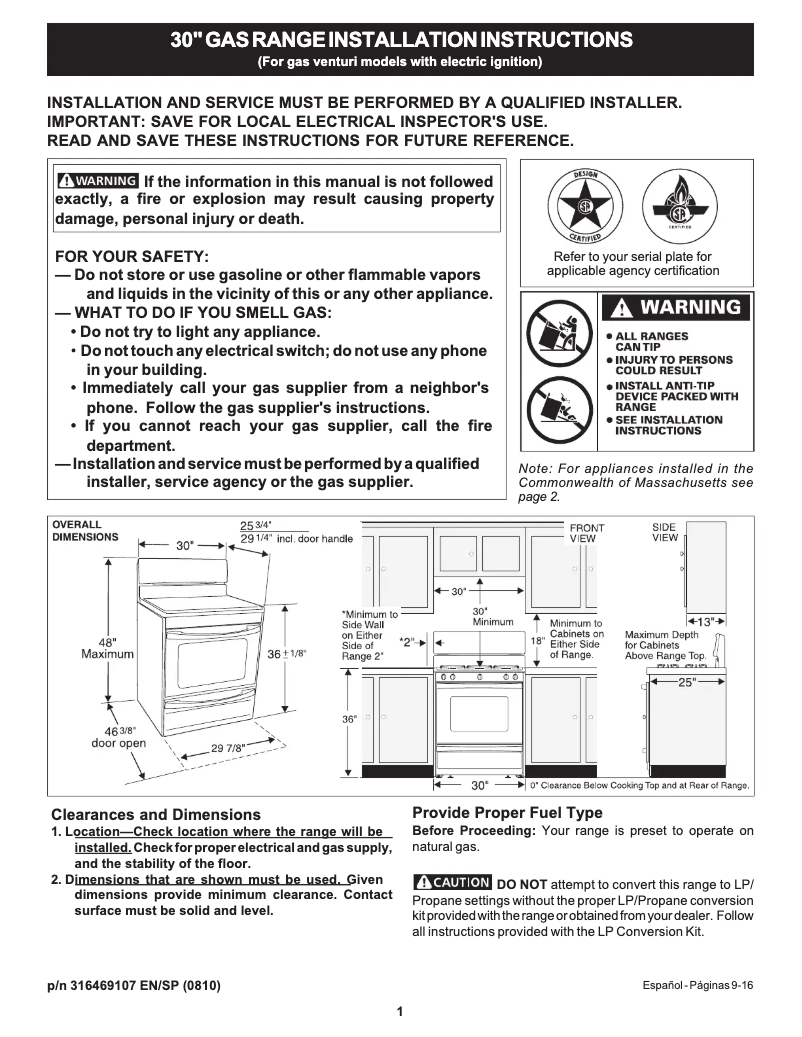 Page n°1 - Guide d'installation Frigidaire FFGF3005MW