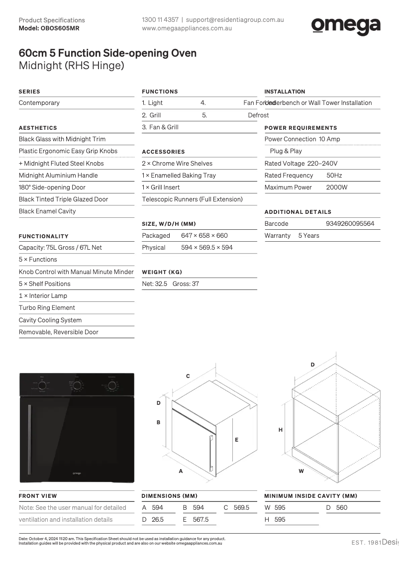 Page 1 de la notice Fiche technique Omega OBOS605MR