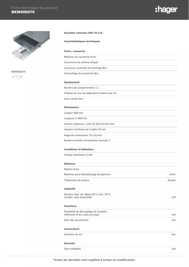 Page n°1 - Fiche technique Hager BKW600070