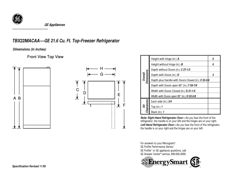 Página 1 del manual Ficha técnica GE TBX22MACAA