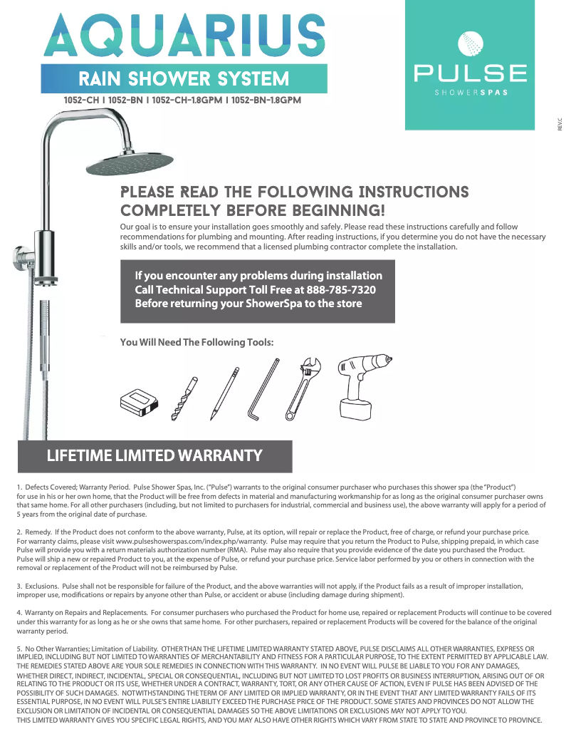 Page n°1 - Manuel utilisateur Pulse ShowerSpas Aquarius 1052-CH