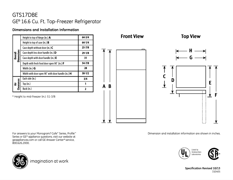 Page 1 de la notice Fiche technique GE GTS17DBEBB