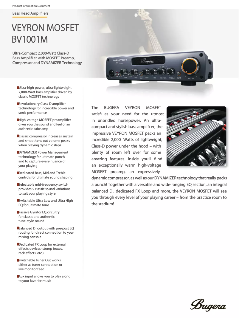 Page 1 de la notice Fiche technique Bugera Veyron Mosfet BV1001M