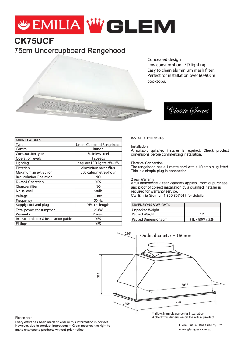 Página 1 del manual Ficha técnica Emilia CK75UCF