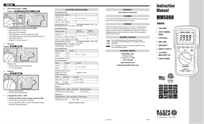 Page n°1 - Manuel utilisateur Klein Tools MM5000