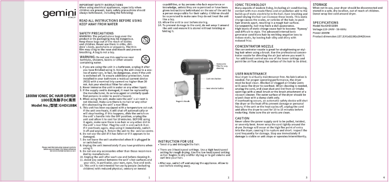 Image de la première page du manuel de l'appareil GHDI18BK