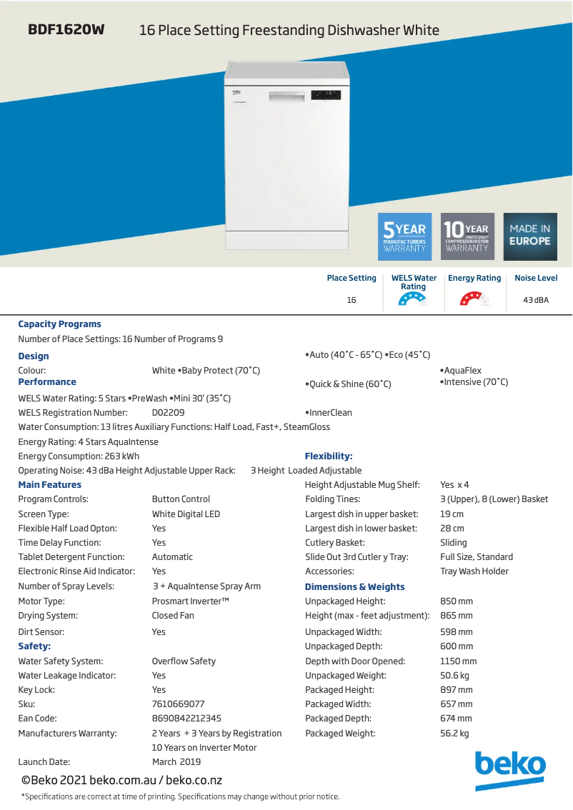 Page 1 de la notice Fiche technique Beko BDF1620W