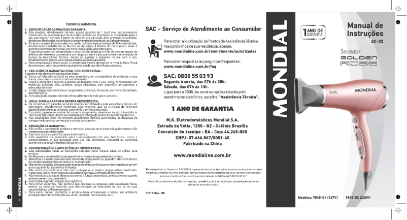 Image de la première page du manuel de l'appareil Golden Rose SC-32