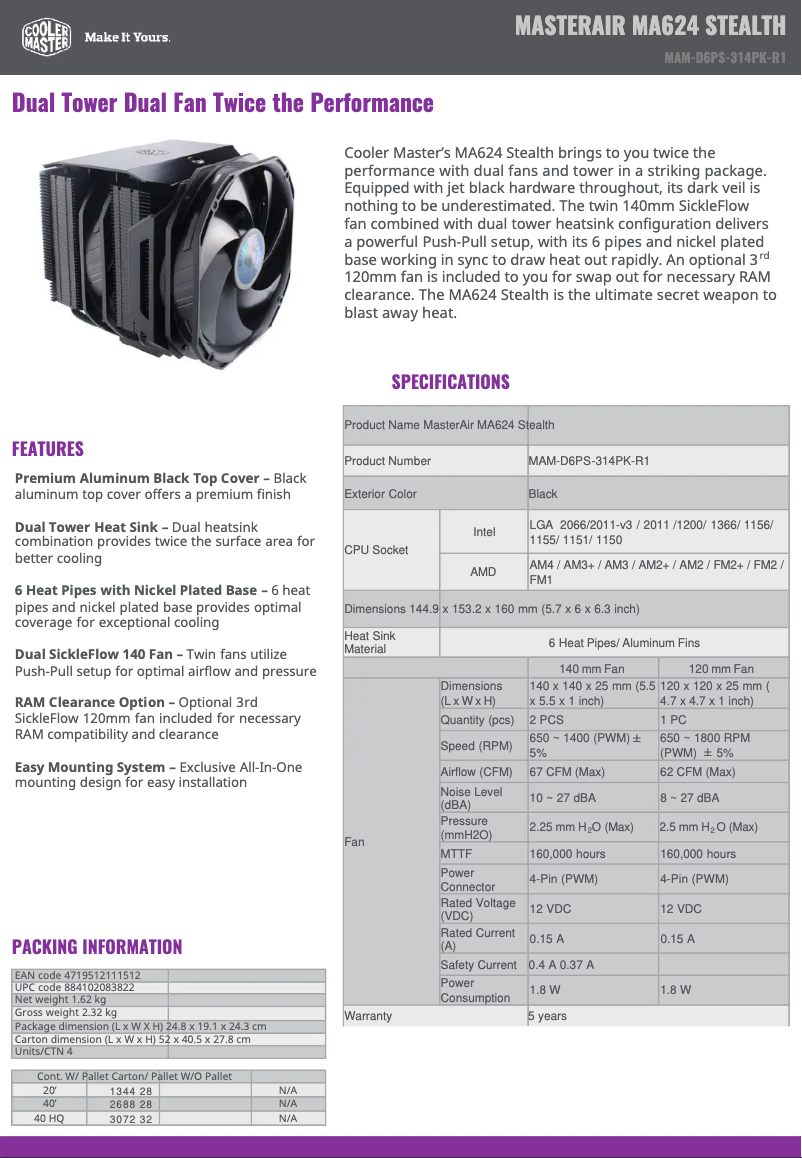 Page n°1 - Fiche technique Cooler Master MasterAir MA624 Stealth