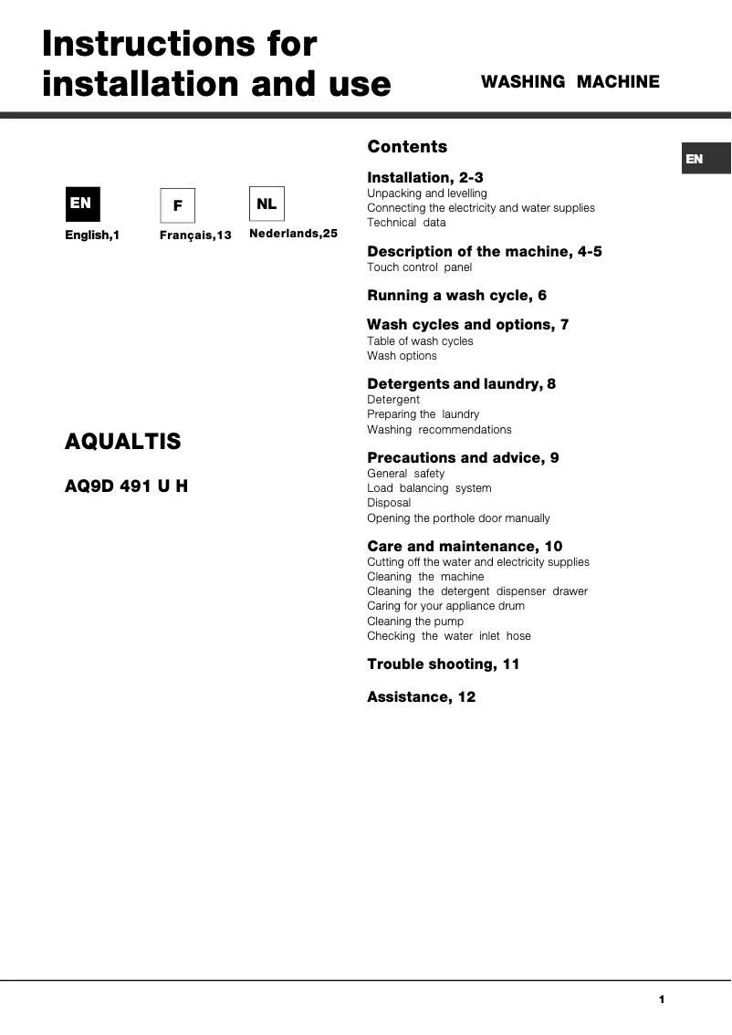 Page 1 de la notice Manuel utilisateur Hotpoint Ariston Aqualtis AQ9D 491 U H (EU)/VA