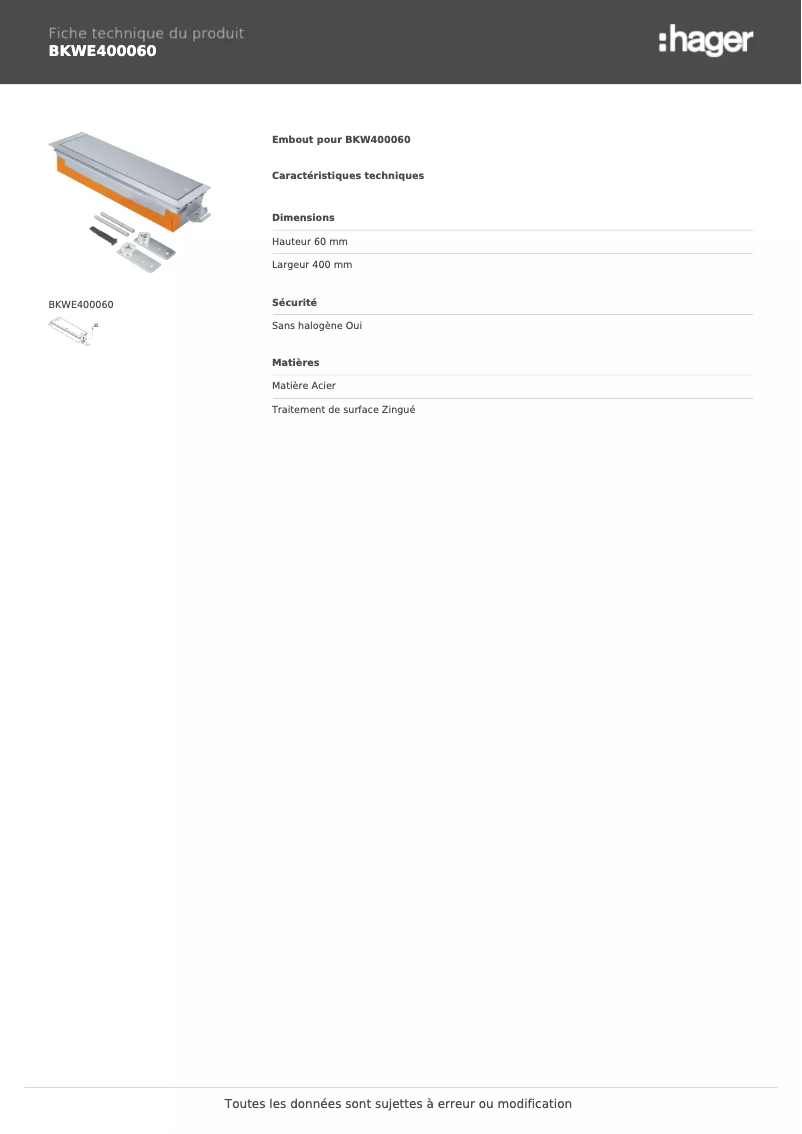 Page n°1 - Fiche technique Hager BKWE400060