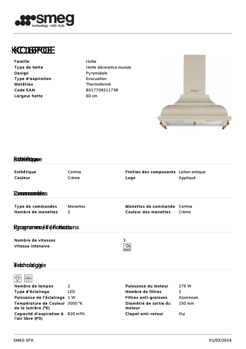 Page n°1 - Fiche technique Smeg KC16POE