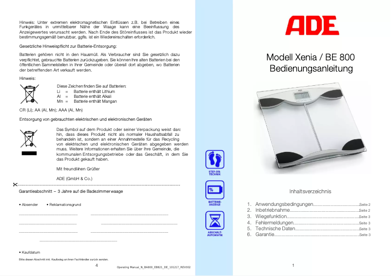Page n°1 - Manuel utilisateur ADE Xenia BE 800