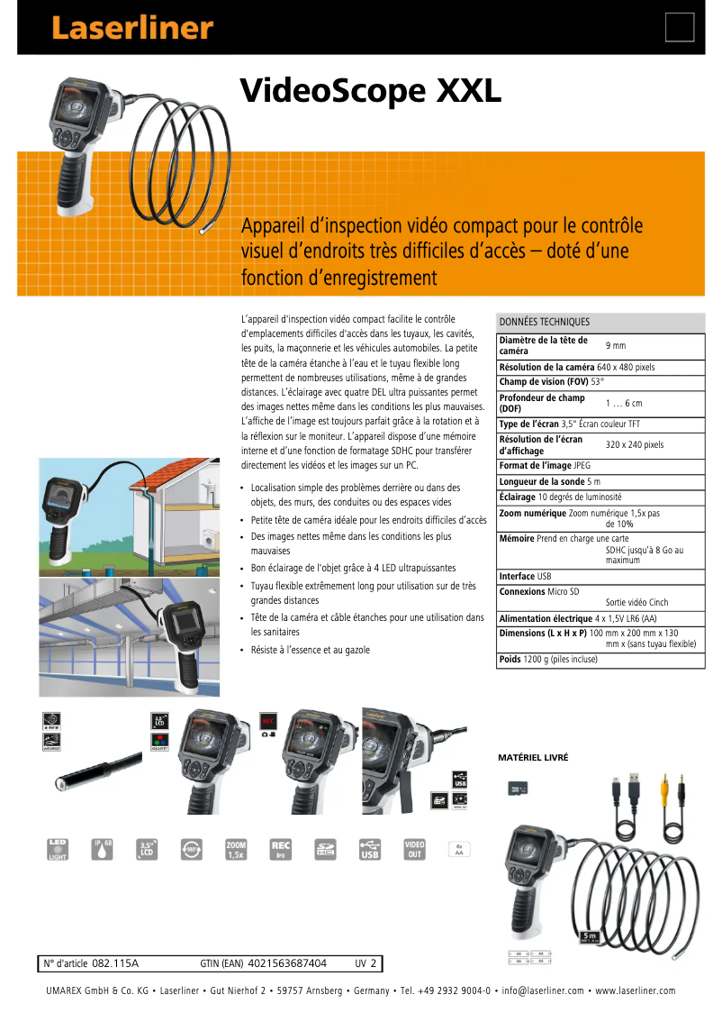 Page 1 de la notice Fiche technique Laserliner VideoScope XXL