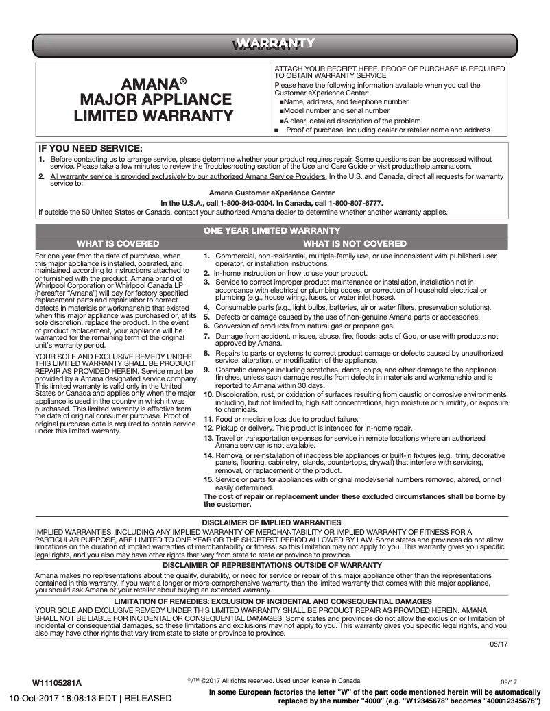 Page n°1 - Informations de garantie Amana ASI2175GRS