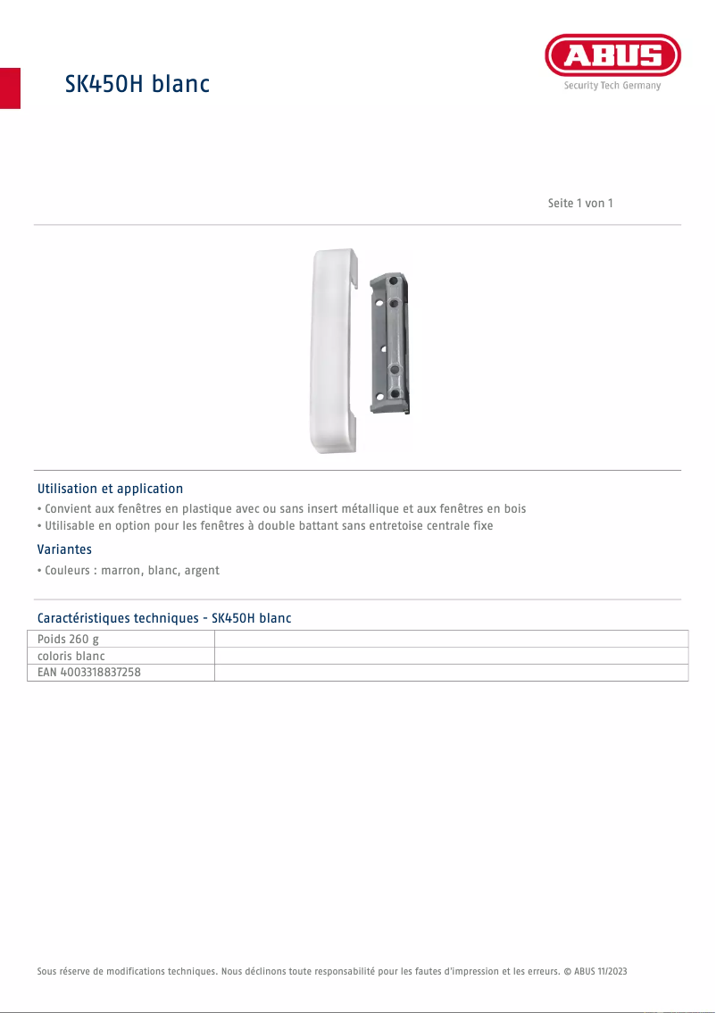 Page n°1 - Fiche technique Abus SK450