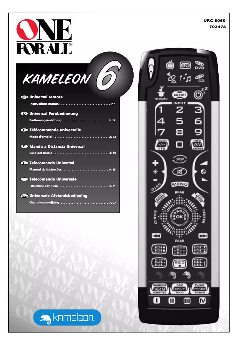 Page 1 de la notice Manuel utilisateur One for all Kameleon 6 URC 8060