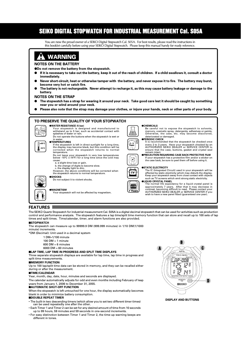 Page n°1 - Manuel utilisateur Seiko S05A