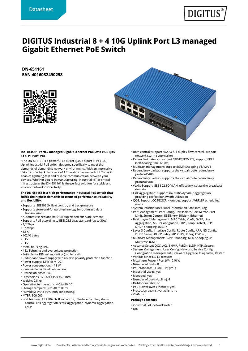 Page 1 de la notice Fiche technique Digitus DN-651161
