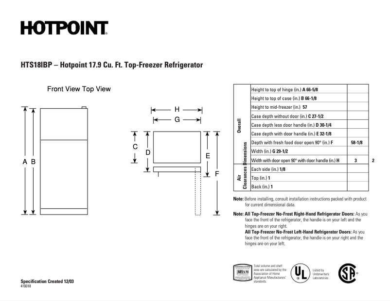 Page 1 de la notice Fiche technique Hotpoint HTS18IBPWW