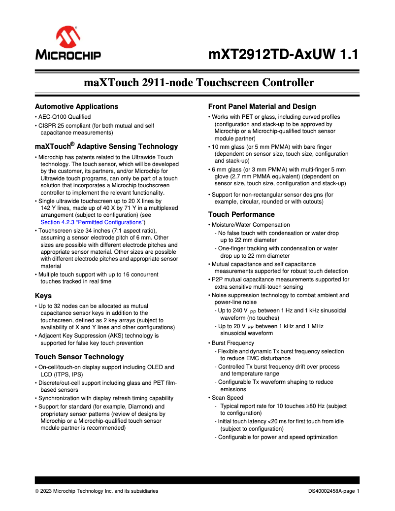 Page 1 de la notice Fiche technique Microchip ATMXT2912TD-UW