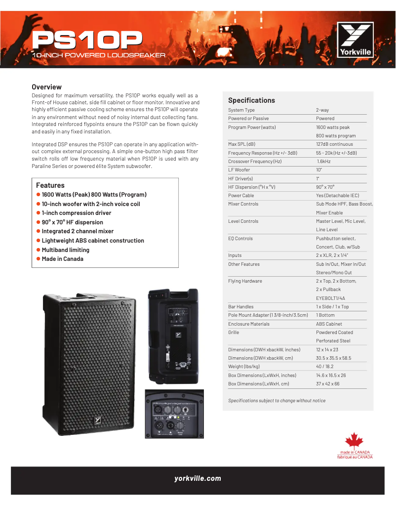 Page 1 de la notice Fiche technique Yorkville Parasource PS10P