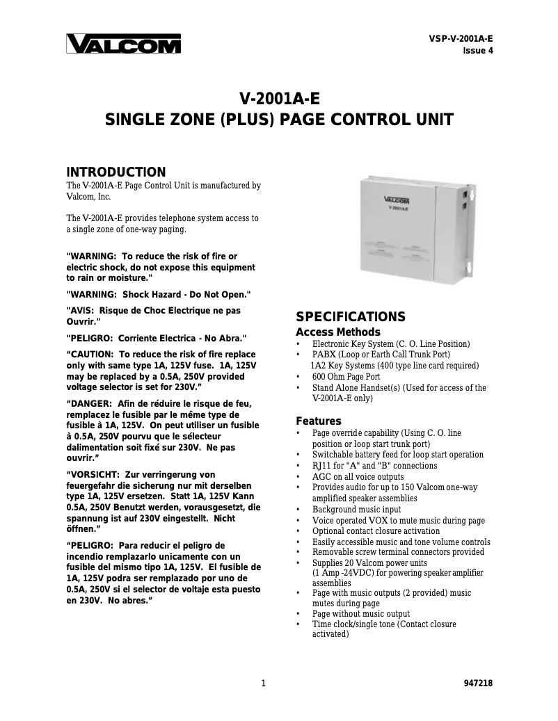 Page 1 de la notice Manuel utilisateur Valcom V-2001A