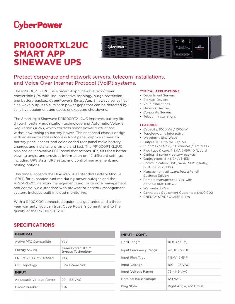 Page n°1 - Fiche technique CyberPower PR1000RTXL2UC