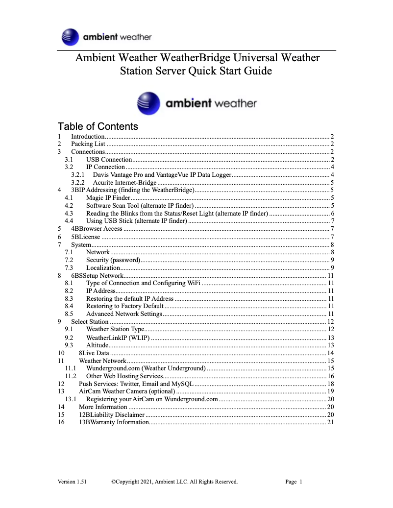Image de la première page du manuel de l'appareil WeatherBridge